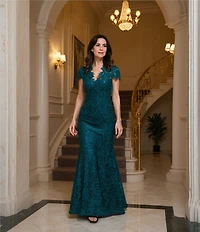 Eliza J Illusion Lace Neck Cap Sleeve V-Neck Mermaid Gown