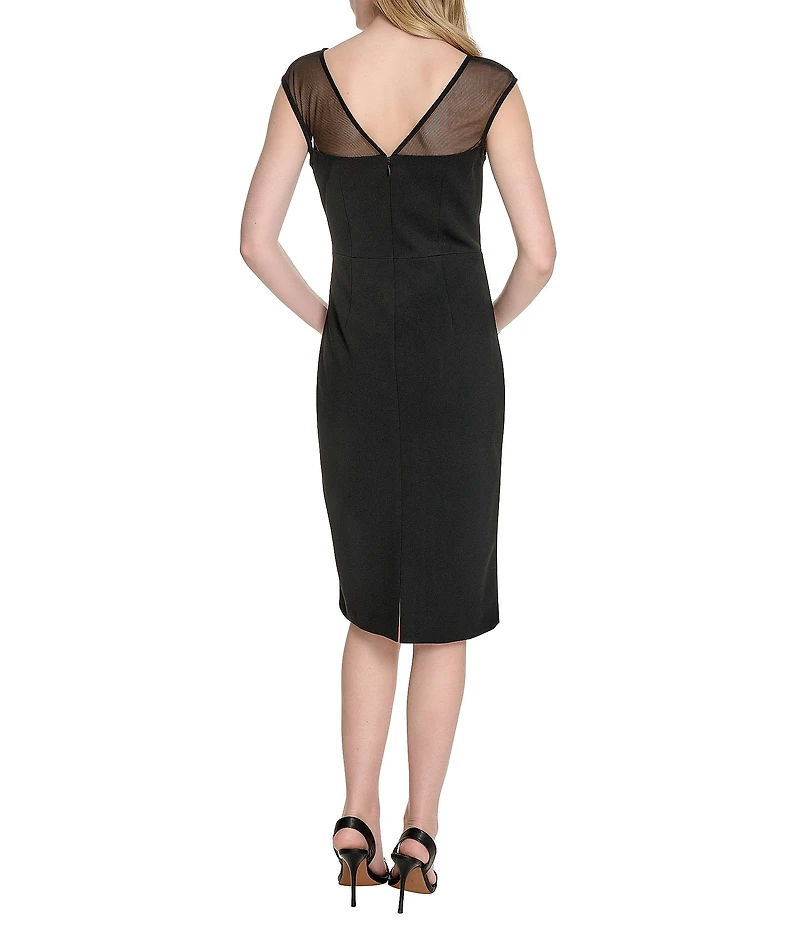 Eliza J Illusion Mesh Boat Neck 3D Flower Applique Side Ruched Scuba Crepe Sheath Dress