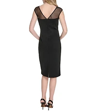 Eliza J Illusion Mesh Boat Neck 3D Flower Applique Side Ruched Scuba Crepe Sheath Dress