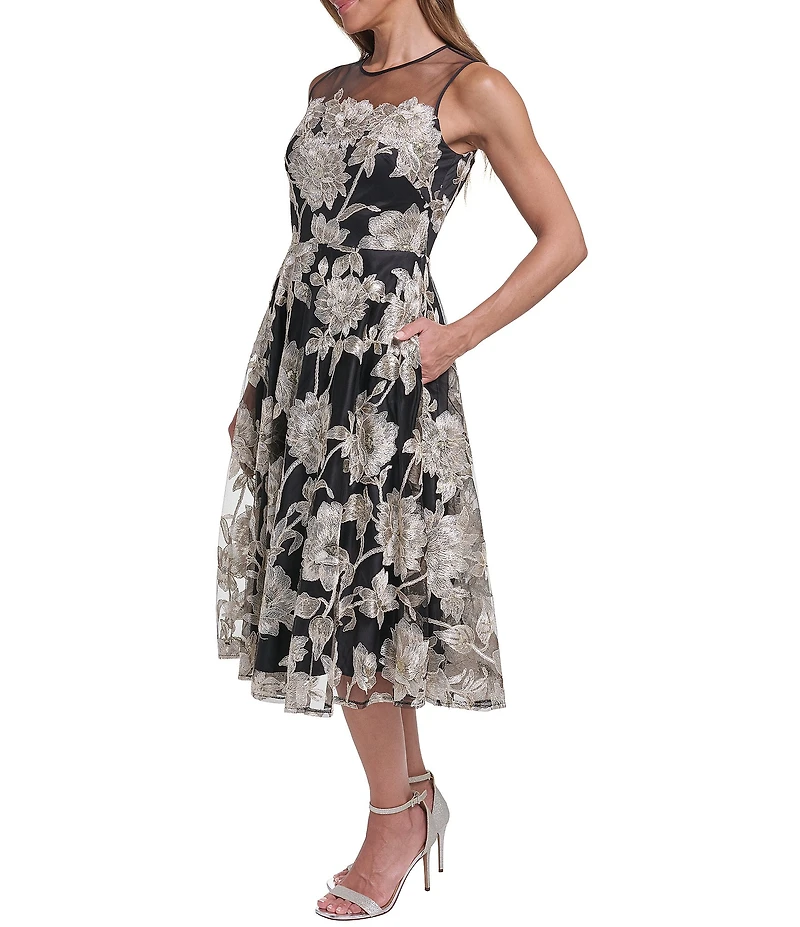 Eliza J Lace Midi Dress With Illusion Neckline