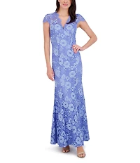 Eliza J Lace V Neck Cap Sleeve Fit and Flare Gown