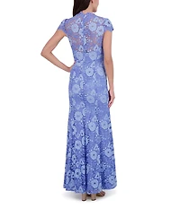 Eliza J Lace V Neck Cap Sleeve Fit and Flare Gown
