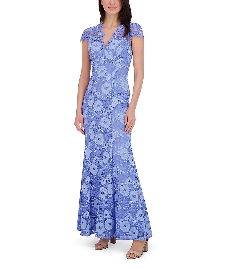 Eliza J Lace V Neck Cap Sleeve Fit and Flare Gown