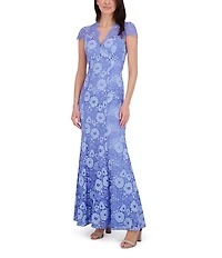 Eliza J Lace V Neck Cap Sleeve Fit and Flare Gown