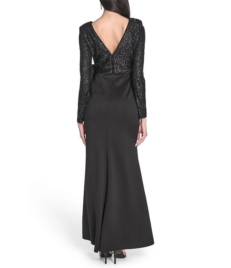 Eliza J Long Sleeve Sequin Waist Bow A-Line Gown