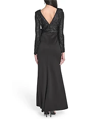 Eliza J Long Sleeve Sequin Waist Bow A-Line Gown