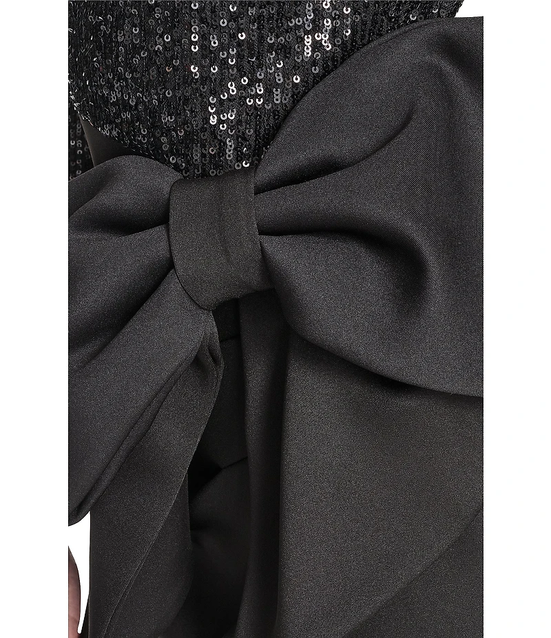 Eliza J Long Sleeve Sequin Waist Bow A-Line Gown