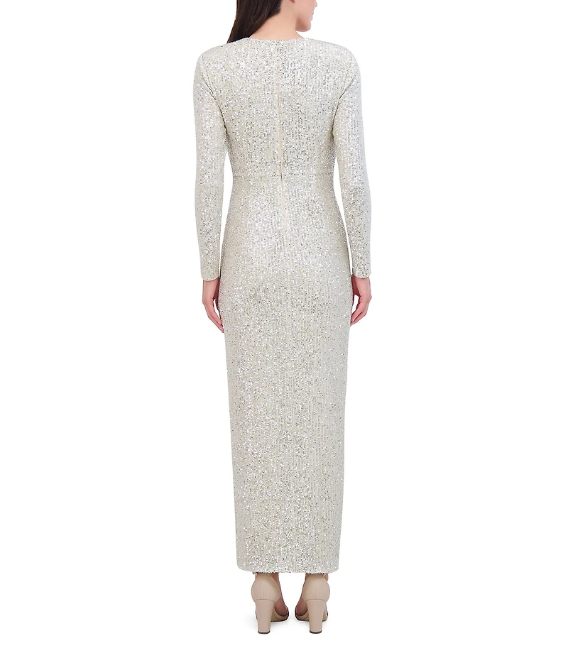 Eliza J Long Sleeve Side Rouching Sequin Gown