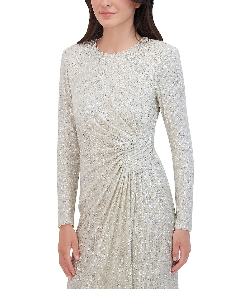 Eliza J Long Sleeve Side Rouching Sequin Gown