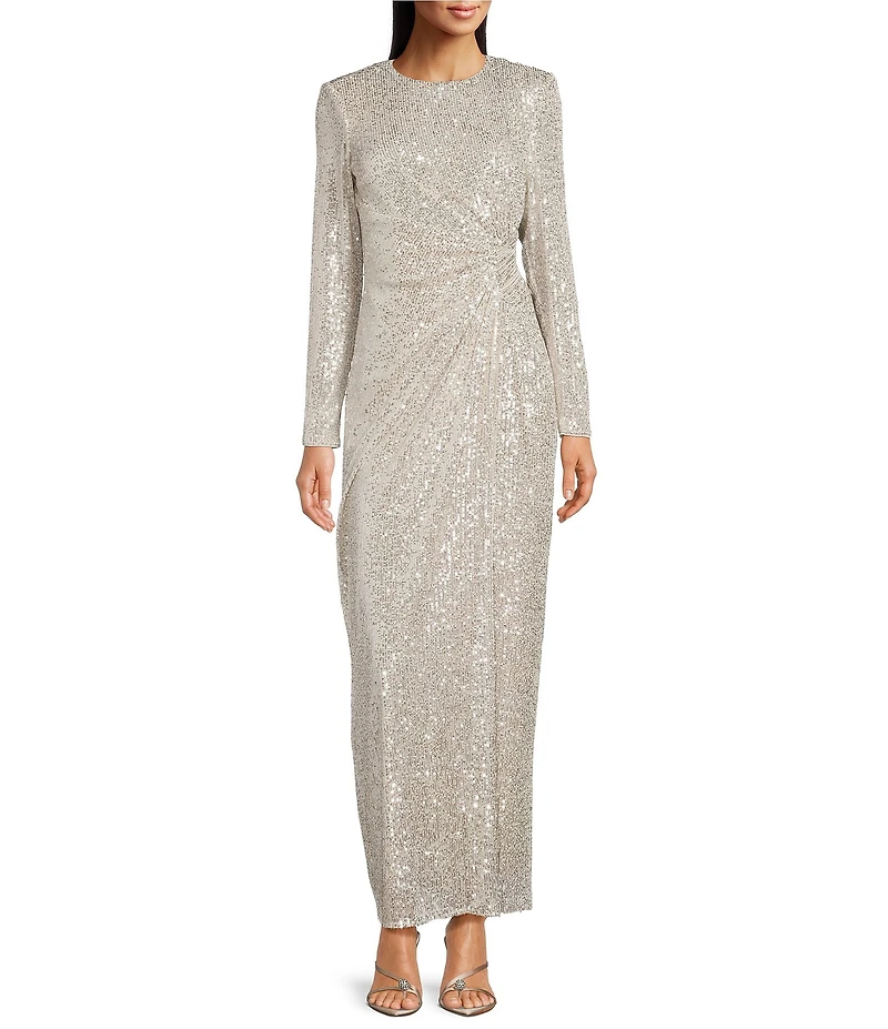 Eliza J Long Sleeve Side Rouching Sequin Gown