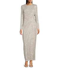 Eliza J Long Sleeve Side Rouching Sequin Gown