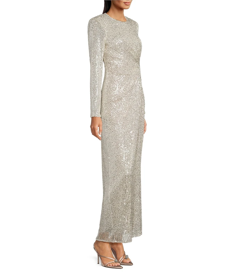 Eliza J Long Sleeve Side Rouching Sequin Gown