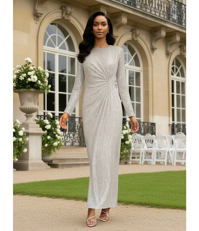 Eliza J Long Sleeve Side Rouching Sequin Gown