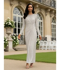 Eliza J Long Sleeve Side Rouching Sequin Gown