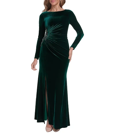 Eliza J Long Sleeve Stretch Beaded Embellishment Velvet Gown