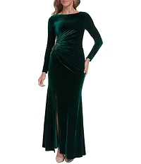 Eliza J Long Sleeve Stretch Beaded Embellishment Velvet Gown