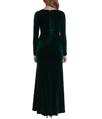 Eliza J Long Sleeve Stretch Beaded Embellishment Velvet Gown