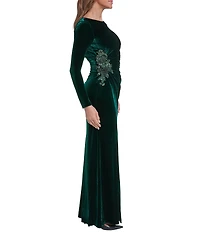 Eliza J Long Sleeve Stretch Beaded Embellishment Velvet Gown