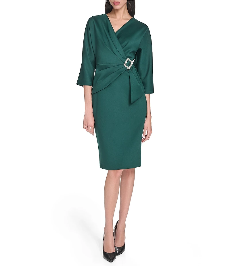 Eliza J Long Sleeve V Neck Scuba Crepe Knee Length Dress
