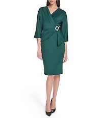 Eliza J Long Sleeve V Neck Scuba Crepe Knee Length Dress