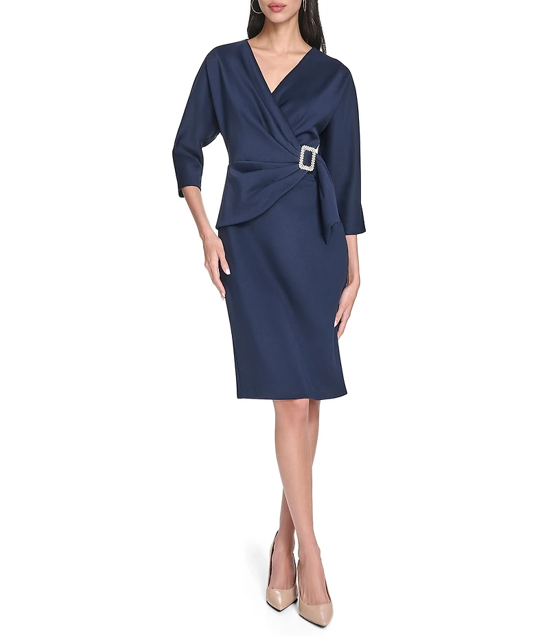 Eliza J Long Sleeve V Neck Scuba Crepe Knee Length Dress