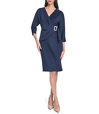 Eliza J Long Sleeve V Neck Scuba Crepe Knee Length Dress