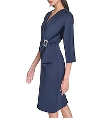 Eliza J Long Sleeve V Neck Scuba Crepe Knee Length Dress