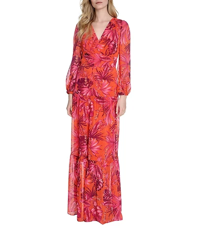 Eliza J Metallic Chiffon Tropical Print V-Neck Long Sleeve Tiered A-Line Maxi Dress