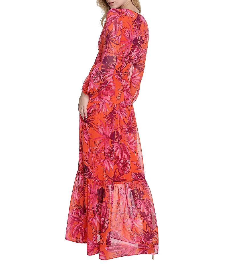 Eliza J Metallic Chiffon Tropical Print V-Neck Long Sleeve Tiered A-Line Maxi Dress