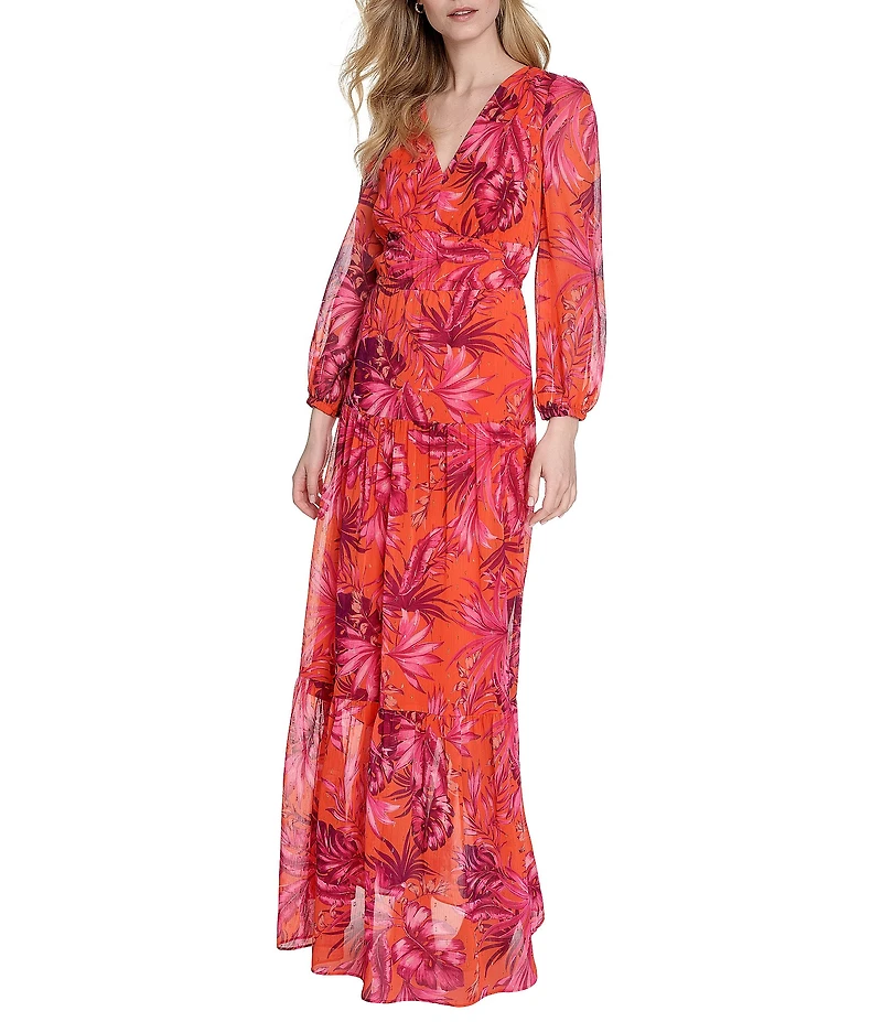 Eliza J Metallic Chiffon Tropical Print V-Neck Long Sleeve Tiered A-Line Maxi Dress