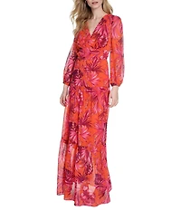 Eliza J Metallic Chiffon Tropical Print V-Neck Long Sleeve Tiered A-Line Maxi Dress
