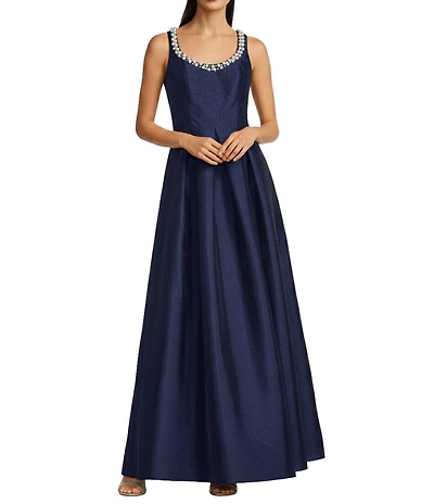 Eliza J Mikado Pearl Trim Scoop Neck Sleeveless Gown