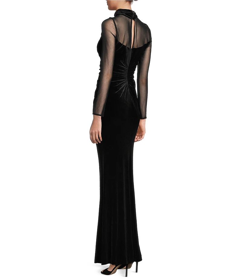 Eliza J Mock Neck Mesh Stretch Velvet Side Ruched Long Illusion Sleeve Keyhole Back Gown