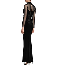 Eliza J Mock Neck Mesh Stretch Velvet Side Ruched Long Illusion Sleeve Keyhole Back Gown