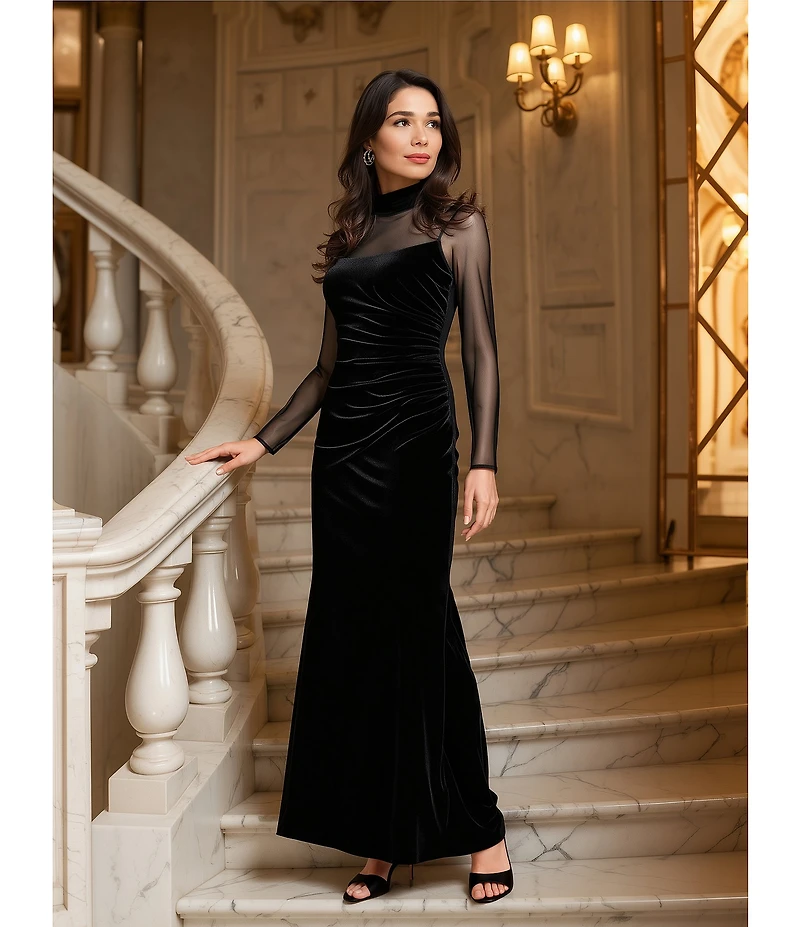 Eliza J Mock Neck Mesh Stretch Velvet Side Ruched Long Illusion Sleeve Keyhole Back Gown