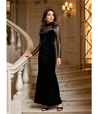 Eliza J Mock Neck Mesh Stretch Velvet Side Ruched Long Illusion Sleeve Keyhole Back Gown
