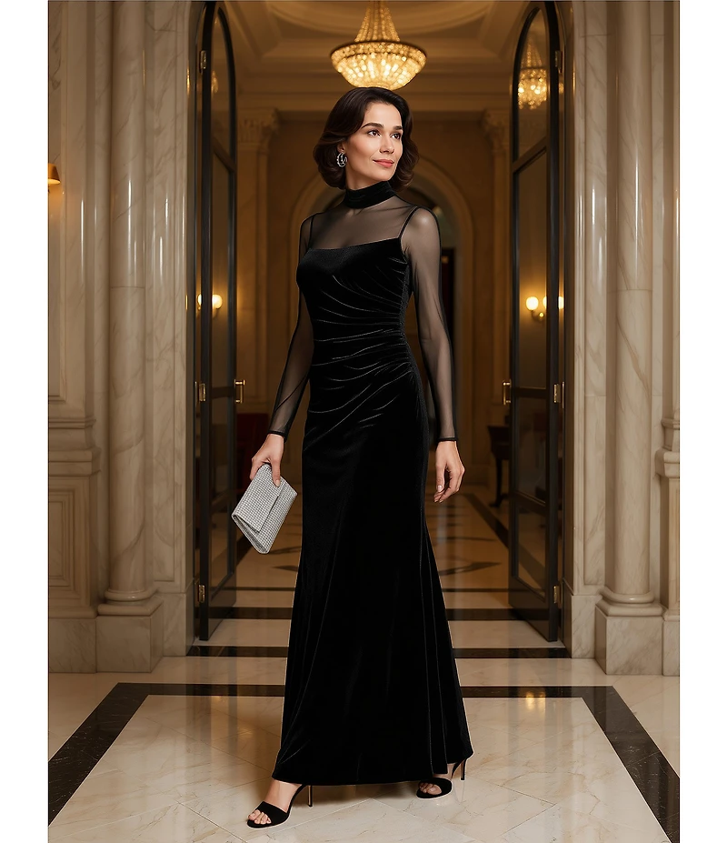 Eliza J Mock Neck Mesh Stretch Velvet Side Ruched Long Illusion Sleeve Keyhole Back Gown
