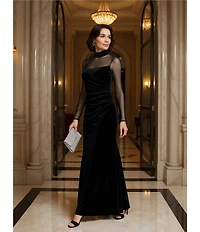 Eliza J Mock Neck Mesh Stretch Velvet Side Ruched Long Illusion Sleeve Keyhole Back Gown