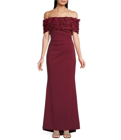 Eliza J Off-the-Shoulder 3D Floral Applique Side Ruching Gown