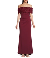 Eliza J Off-the-Shoulder 3D Floral Applique Side Ruching Gown