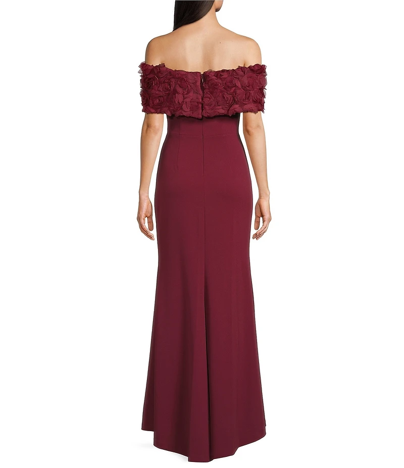 Eliza J Off-the-Shoulder 3D Floral Applique Side Ruching Gown