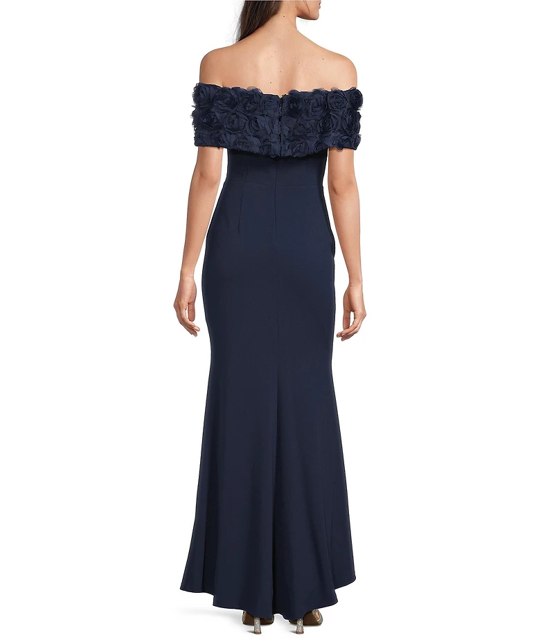 Eliza J Off-the-Shoulder 3D Floral Applique Side Ruching Gown