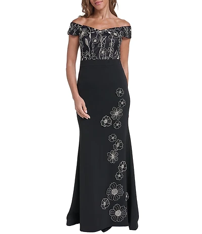 Eliza J Off-The-Shoulder Embellished Column Gown