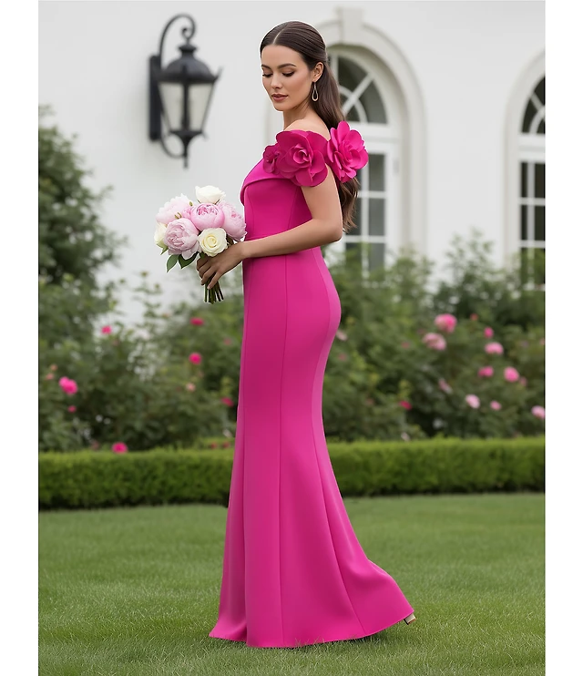 eliza j off-the-shoulder 3d floral-sleeve scuba crepe evening dress Eliza J Mauve Off the Shoulder 3D Floral Sleeve Scuba Crepe Evening Gown 2 $228