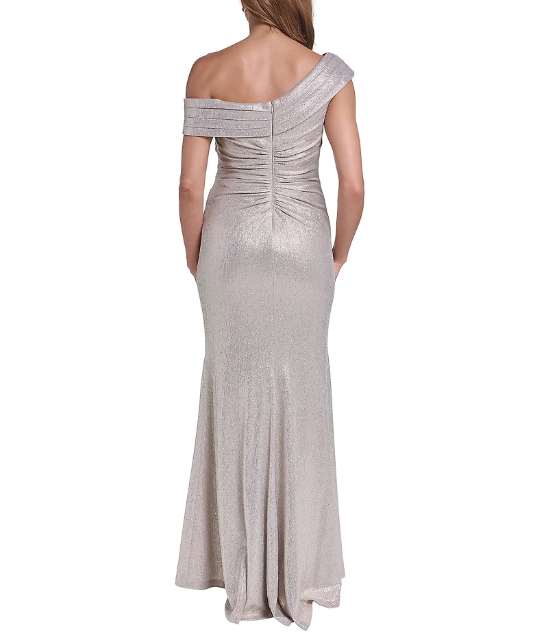 Eliza J Off the Shoulder Foil Knit Column Gown