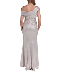 Eliza J Off the Shoulder Foil Knit Column Gown