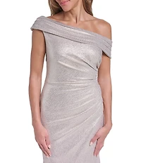 Eliza J Off the Shoulder Foil Knit Column Gown