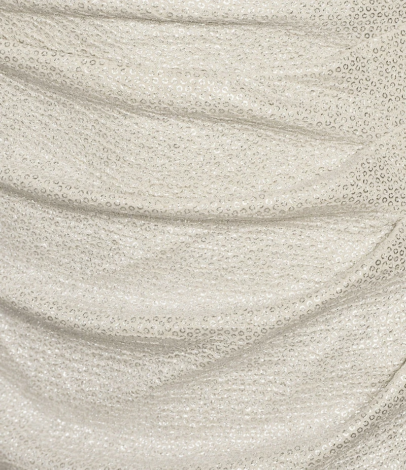 Eliza J Off-the-Shoulder Short Sleeve Side Ruched Foiled Knit Sheath Gown