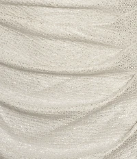 Eliza J Off-the-Shoulder Short Sleeve Side Ruched Foiled Knit Sheath Gown