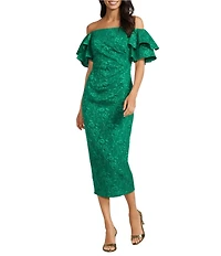 Eliza J Off-The-Shoulder Ruffle Short Sleeve Jacquard Sheath Midi Dress